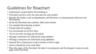 Guidelines for flowchart
• Understand a system before flowcharting it.
• Flowchart can have only one start and one stop symbol
• Identify the entities, such as departments, job functions, or external parties that are to be
flowcharted.
• divide the flowchart into columns, label each column
• Use standard flowcharting symbols
• Clearly label all symbols
• Use arrowheads on all flow lines.
• Try to use only one page per flowchart
• On-page connectors are referenced using numbers
• Off-page connectors are referenced using alphabets
• General flow of processes is top to bottom or left to right
• Arrows should not cross each other
• Place the name of the flowchart, the date it was prepared, and the designer's name on each
page of the flowchart.
 