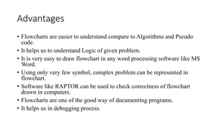 Advantages
• Flowcharts are easier to understand compare to Algorithms and Pseudo
code.
• It helps us to understand Logic of given problem.
• It is very easy to draw flowchart in any word processing software like MS
Word.
• Using only very few symbol, complex problem can be represented in
flowchart.
• Software like RAPTOR can be used to check correctness of flowchart
drawn in computers.
• Flowcharts are one of the good way of documenting programs.
• It helps us in debugging process.
 