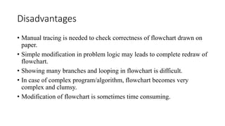 Disadvantages
• Manual tracing is needed to check correctness of flowchart drawn on
paper.
• Simple modification in problem logic may leads to complete redraw of
flowchart.
• Showing many branches and looping in flowchart is difficult.
• In case of complex program/algorithm, flowchart becomes very
complex and clumsy.
• Modification of flowchart is sometimes time consuming.
 