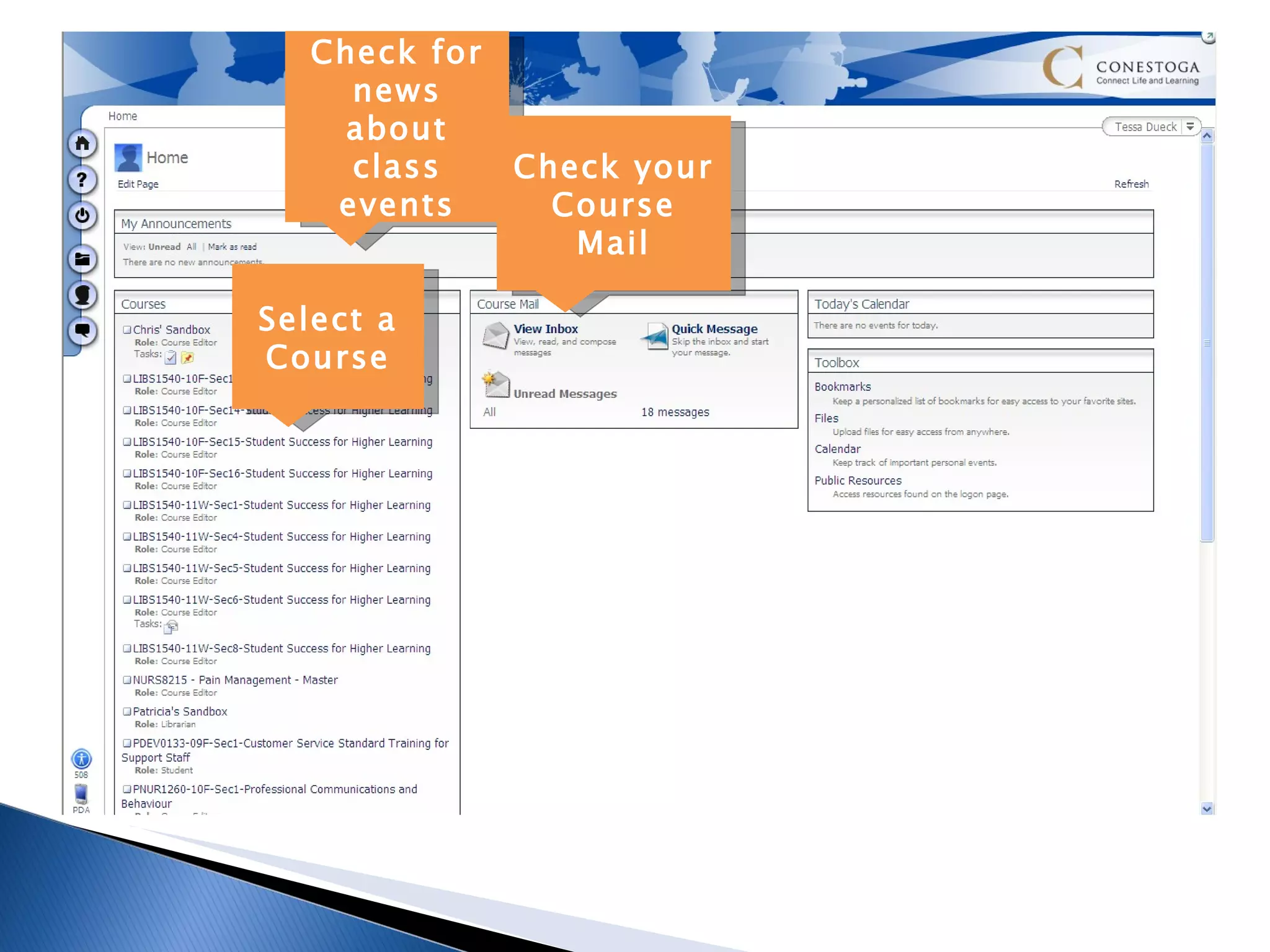 Select a Course Check for news about class events Check your Course Mail 