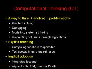 Requirements
●   Elementary School
    ●   All students take Computing classes
●   Middle School
    ●   All students required to take one semester
        Computing class to move on to HS
●   High School
    ●   All students required to take one semester
        Computing class to graduate from ICS
 