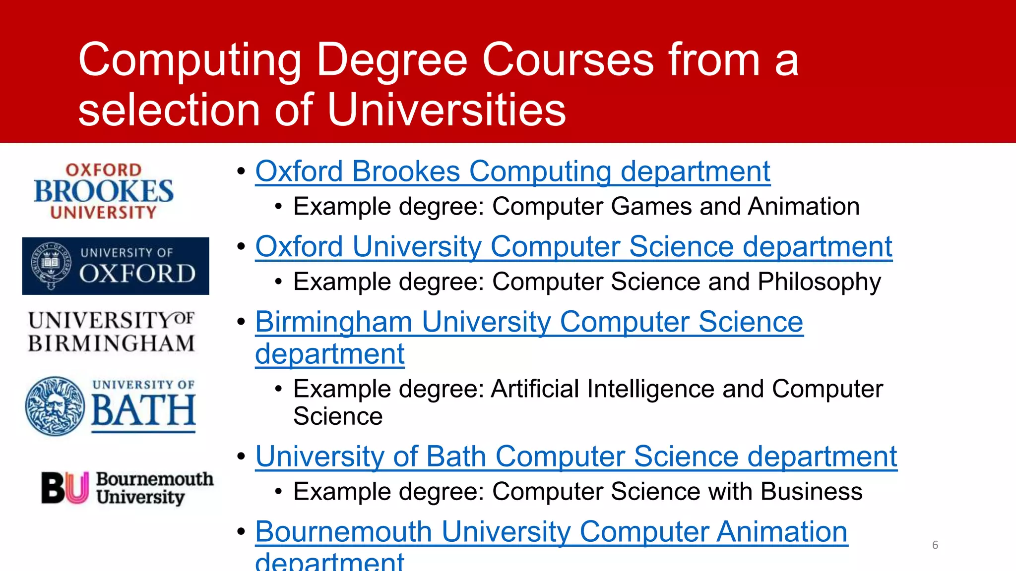 Computing Degree Courses from a
selection of Universities
• Oxford Brookes Computing department
• Example degree: Computer Games and Animation

• Oxford University Computer Science department
• Example degree: Computer Science and Philosophy

• Birmingham University Computer Science
department
• Example degree: Artificial Intelligence and Computer
Science

• University of Bath Computer Science department
• Example degree: Computer Science with Business

• Bournemouth University Computer Animation

6

 