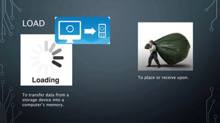 LOAD
To transfer data from a
storage device into a
computer’s memory.
To place or receive upon.
 