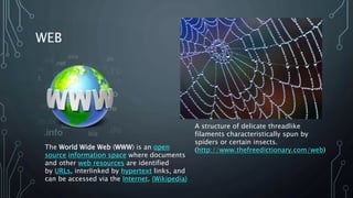 WEB
The World Wide Web (WWW) is an open
source information space where documents
and other web resources are identified
by URLs, interlinked by hypertext links, and
can be accessed via the Internet. (Wikipedia)
A structure of delicate threadlike
filaments characteristically spun by
spiders or certain insects.
(http://www.thefreedictionary.com/web)
 