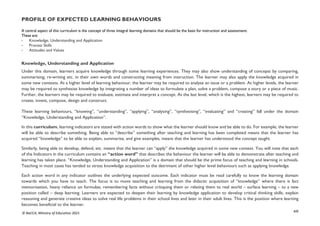 xiii
© NaCCA, Ministry of Education 2021
PROFILE OF EXPECTED LEARNING BEHAVIOURS
A central aspect of this curriculum is the concept of three integral learning domains that should be the basis for instruction and assessment.
These are:
- Knowledge, Understanding and Application
- Process Skills
- Attitudes and Values
Knowledge, Understanding and Application
Under this domain, learners acquire knowledge through some learning experiences. They may also show understanding of concepts by comparing,
summarising, re-writing etc. in their own words and constructing meaning from instruction. The learner may also apply the knowledge acquired in
some new contexts. At a higher level of learning behaviour, the learner may be required to analyse an issue or a problem. At higher levels, the learner
may be required to synthesise knowledge by integrating a number of ideas to formulate a plan, solve a problem, compose a story or a piece of music.
Further, the learners may be required to evaluate, estimate and interpret a concept. At the last level, which is the highest, learners may be required to
create, invent, compose, design and construct.
These learning behaviours, “knowing”, “understanding”, “applying”, “analysing”, “synthesising”, “evaluating” and “creating” fall under the domain
“Knowledge, Understanding and Application”.
In this curriculum, learning indicators are stated with action words to show what the learner should know and be able to do. For example, the learner
will be able to describe something. Being able to “describe” something after teaching and learning has been completed means that the learner has
acquired “knowledge” to be able to explain, summarise, and give examples, means that the learner has understood the concept taught.
Similarly, being able to develop, defend, etc. means that the learner can “apply” the knowledge acquired in some new context. You will note that each
of the Indicators in the curriculum contains an “action word” that describes the behaviour the learner will be able to demonstrate after teaching and
learning has taken place. “Knowledge, Understanding and Application” is a domain that should be the prime focus of teaching and learning in schools.
Teaching in most cases has tended to stress knowledge acquisition to the detriment of other higher level behaviours such as applying knowledge.
Each action word in any indicator outlines the underlying expected outcome. Each indicator must be read carefully to know the learning domain
towards which you have to teach. The focus is to move teaching and learning from the didactic acquisition of “knowledge” where there is fact
memorisation, heavy reliance on formulae, remembering facts without critiquing them or relating them to real world – surface learning – to a new
position called – deep learning. Learners are expected to deepen their learning by knowledge application to develop critical thinking skills, explain
reasoning and generate creative ideas to solve real life problems in their school lives and later in their adult lives. This is the position where learning
becomes beneficial to the learner.
 