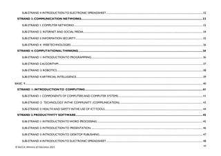 vii
© NaCCA, Ministry of Education 2021
SUB-STRAND 4: INTRODUCTIONTO ELECTRONIC SPREADSHEET .........................................................................................................................................................32
STRAND 3: COMMUNICATION NETWORKS..........................................................................................................................................................33
SUB-STRAND 1: COMPUTER NETWORKS ............................................................................................................................................................................................................ 33
SUB-STRAND 2: INTERNET AND SOCIAL MEDIA.............................................................................................................................................................................................. 34
SUB-STRAND 3: INFORMATION SECURITY.......................................................................................................................................................................................................... 35
SUB-STRAND 4: WEBTECHNOLOGIES ................................................................................................................................................................................................................. 36
STRAND 4: COMPUTATIONALTHINKING .............................................................................................................................................................36
SUB-STRAND 1: INTRODUCTIONTO PROGRAMMING................................................................................................................................................................................. 36
SUB-STRAND 2:ALGORITHM..................................................................................................................................................................................................................................... 37
SUB-STRAND 3: ROBOTICS........................................................................................................................................................................................................................................ 38
SUB-STRAND 4:ARTIFICIAL INTELLIGENCE......................................................................................................................................................................................................... 39
BASIC 9.......................................................................................................................................................................................................................................................................................... 40
STRAND 1: INTRODUCTIONTO COMPUTING.....................................................................................................................................................41
SUB-STRAND 1: COMPONENTS OF COMPUTERS AND COMPUTER SYSTEMS......................................................................................................................................41
SUB-STRAND 2: TECHNOLOGY INTHE COMMUNITY (COMMUNICATION)....................................................................................................................................43
SUB-STRAND 3: HEALTH AND SAFETY INTHE USE OF ICTTOOLS............................................................................................................................................................44
STRAND 2: PRODUCTIVITY SOFTWARE.................................................................................................................................................................45
SUB-STRAND 1: INTRODUCTIONTO WORD PROCESSING........................................................................................................................................................................ 45
SUB-STRAND 2: INTRODUCTIONTO PRESENTATION.................................................................................................................................................................................. 46
SUB-STRAND 3: INTRODUCTIONTO DESKTOP PUBLISHING....................................................................................................................................................................47
SUB-STRAND 4: INTRODUCTIONTO ELECTRONIC SPREADSHEET .........................................................................................................................................................48
 