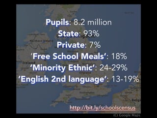 (C) Google Maps
Pupils: 8.2 million
State: 93%
Private: 7%
‘Free School Meals’: 18%
‘Minority Ethnic’: 24-29%
‘English 2nd language’: 13-19%
http://bit.ly/schoolscensus
 