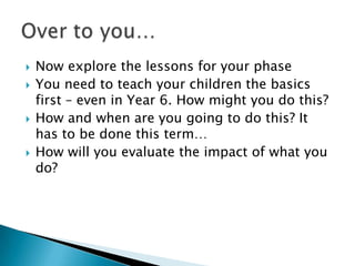 






Now explore the lessons for your phase
You need to teach your children the basics
first – even in Year 6. How might you do this?
How and when are you going to do this? It
has to be done this term…
How will you evaluate the impact of what you
do?

 