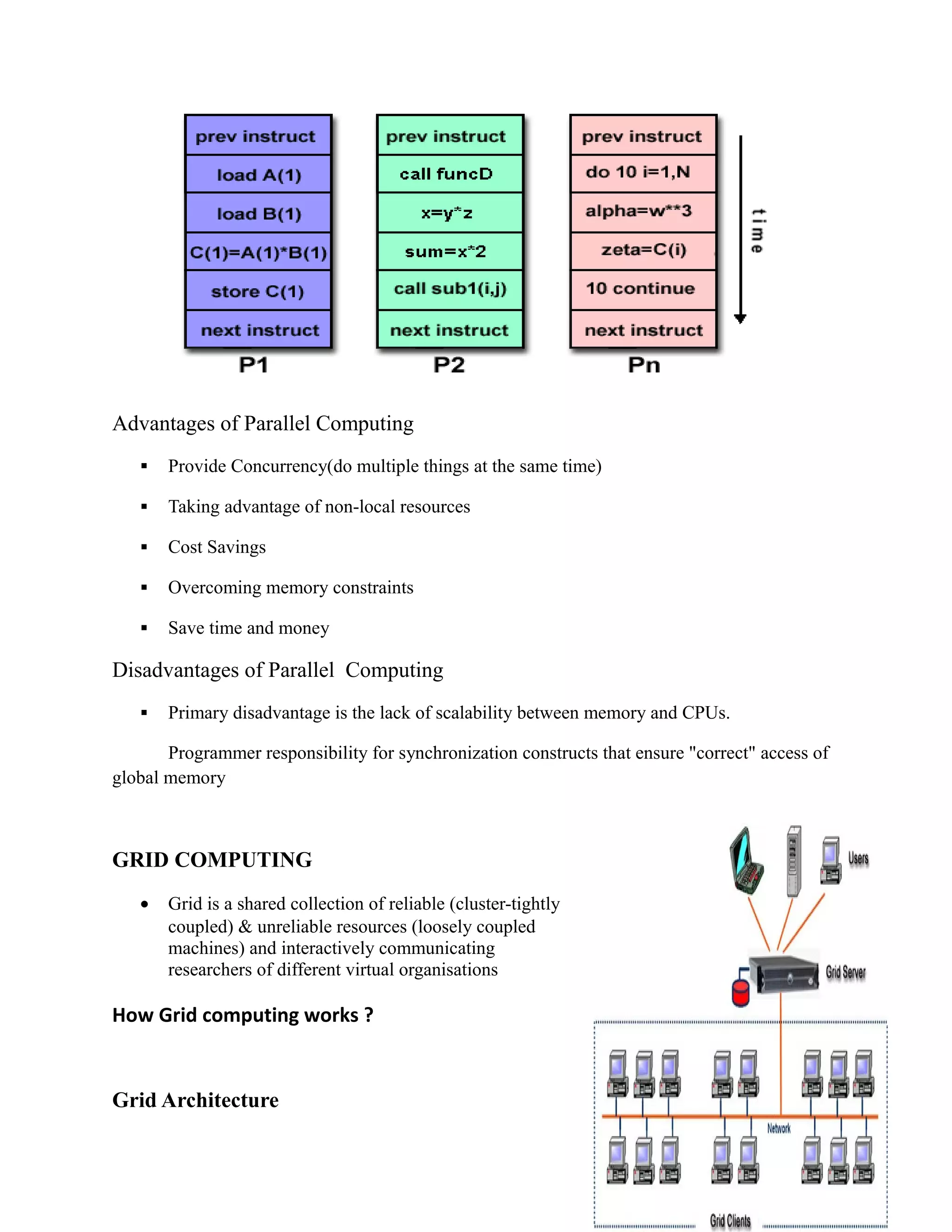 Advantages of Parallel Computing
 Provide Concurrency(do multiple things at the same time)
 Taking advantage of non-local resources
 Cost Savings
 Overcoming memory constraints
 Save time and money
Disadvantages of Parallel Computing
 Primary disadvantage is the lack of scalability between memory and CPUs.
Programmer responsibility for synchronization constructs that ensure "correct" access of
global memory
GRID COMPUTING
• Grid is a shared collection of reliable (cluster-tightly
coupled) & unreliable resources (loosely coupled
machines) and interactively communicating
researchers of different virtual organisations
How Grid computing works ?
Grid Architecture
 