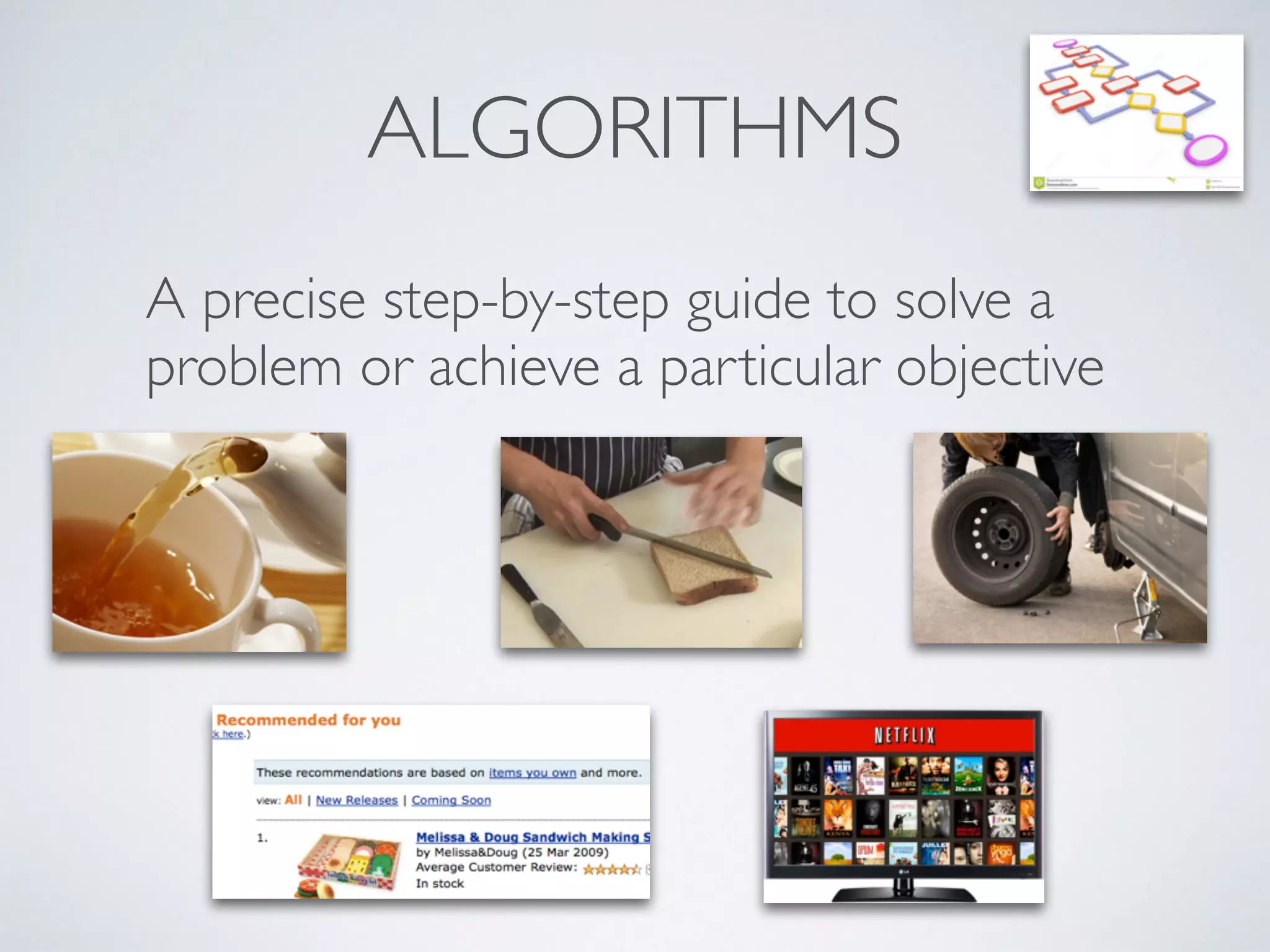 ALGORITHMS
A precise step-by-step guide to solve a
problem or achieve a particular objective
 
