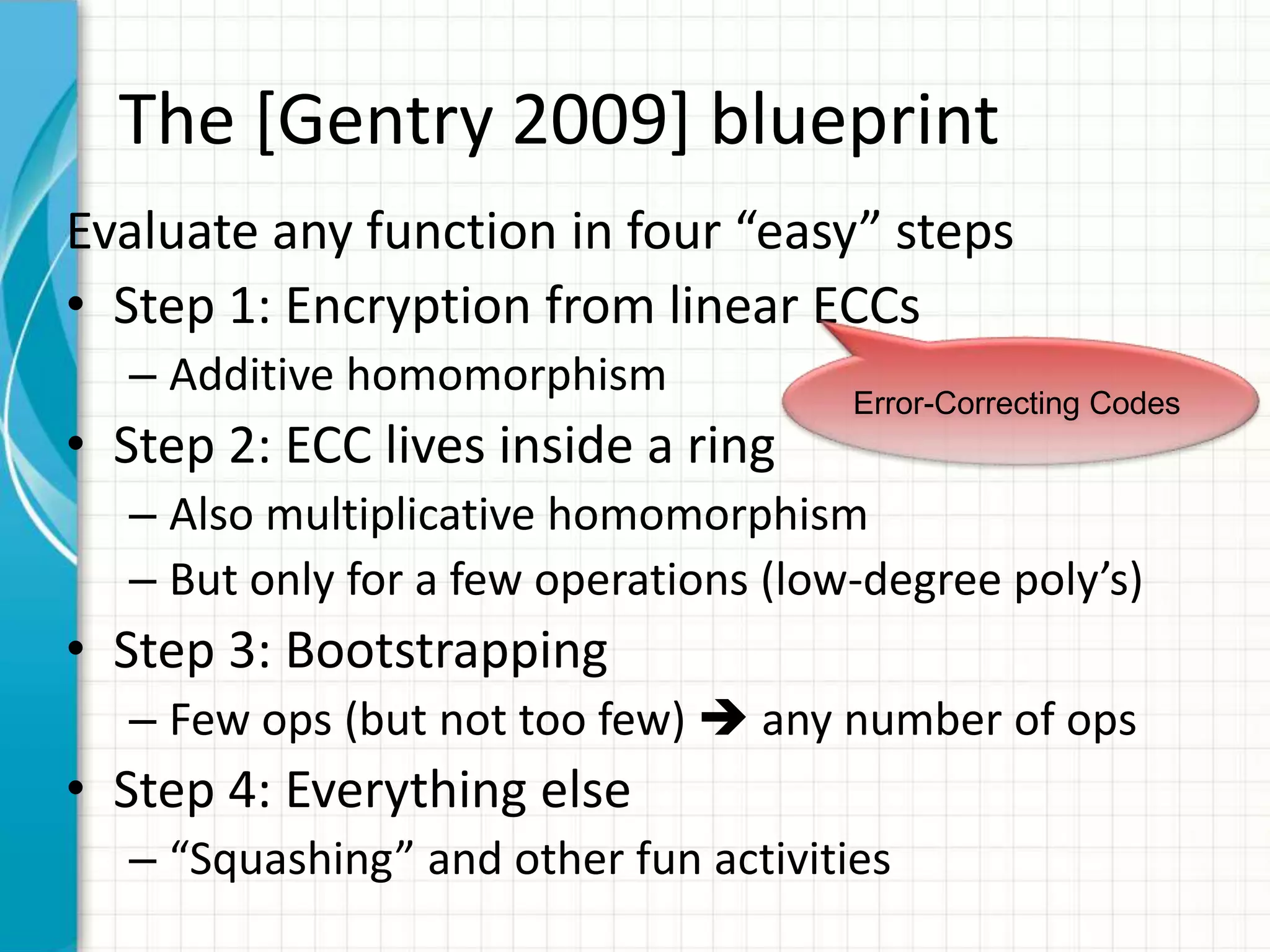 The [Gentry 2009] blueprint
Evaluate any function in four “easy” steps
• Step 1: Encryption from linear ECCs
  – Additive homomorphism             Error-Correcting Codes
• Step 2: ECC lives inside a ring
  – Also multiplicative homomorphism
  – But only for a few operations (low-degree poly’s)
• Step 3: Bootstrapping
  – Few ops (but not too few)  any number of ops
• Step 4: Everything else
  – “Squashing” and other fun activities
 