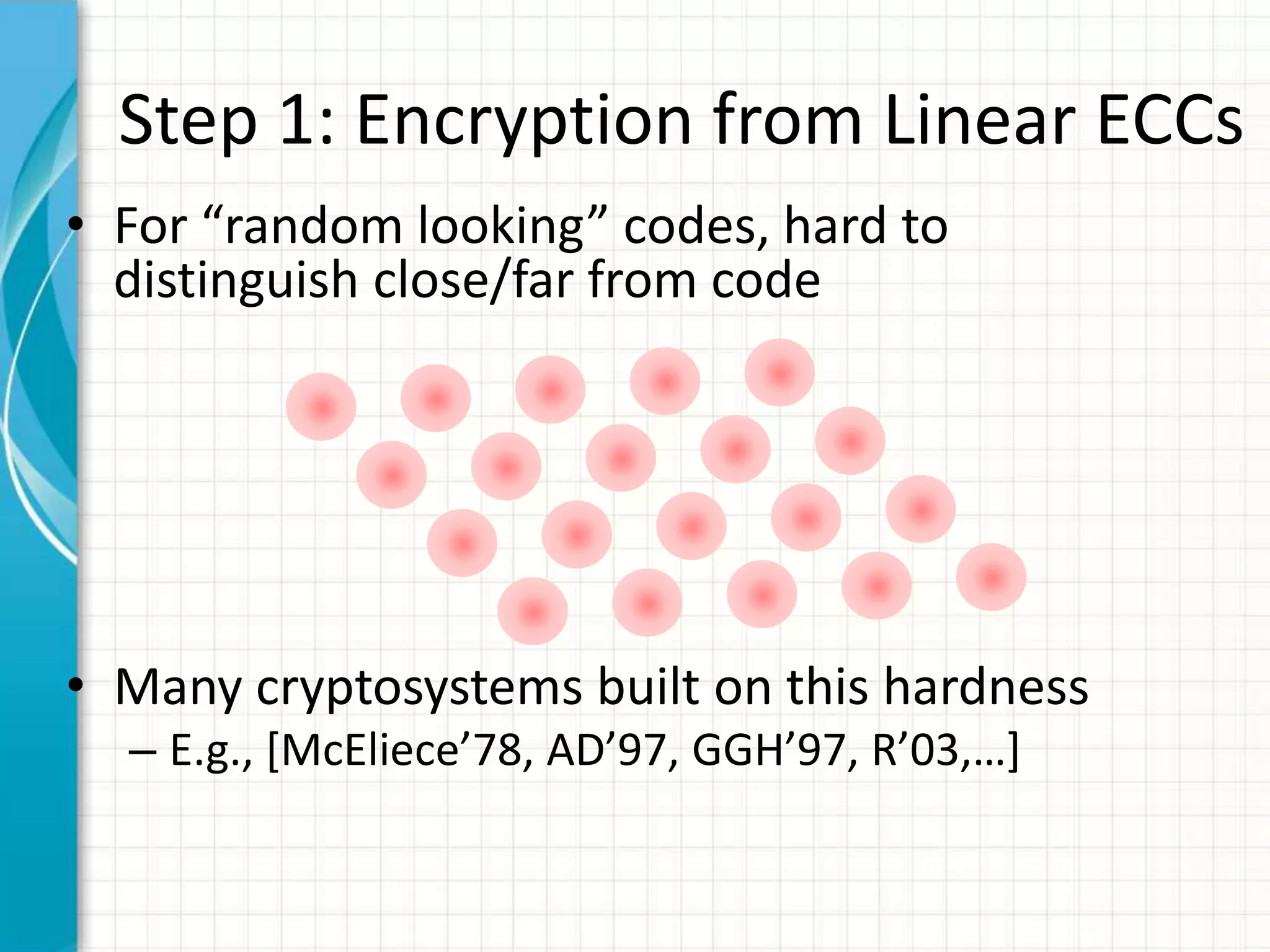 Step 1: Encryption from Linear ECCs
• For “random looking” codes, hard to
  distinguish close/far from code




• Many cryptosystems built on this hardness
  – E.g., *McEliece’78, AD’97, GGH’97, R’03,…+
 