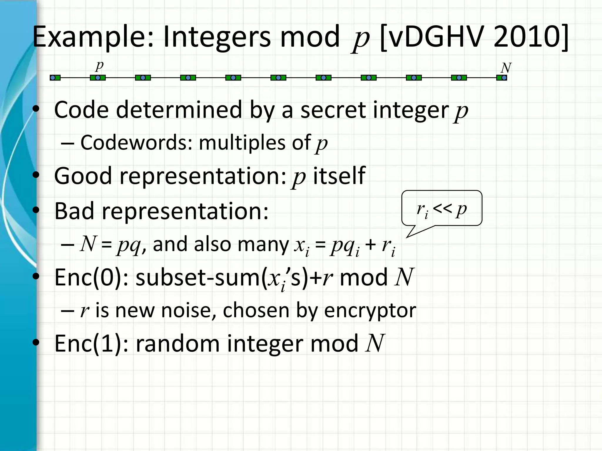 Example: Integers mod p [vDGHV 2010]
      p                                             N


• Code determined by a secret integer p
  – Codewords: multiples of p
• Good representation: p itself
• Bad representation:                     ri << p
  – N = pq, and also many xi = pqi + ri
• Enc(0): subset-sum(xi’s)+r mod N
  – r is new noise, chosen by encryptor
• Enc(1): random integer mod N
 