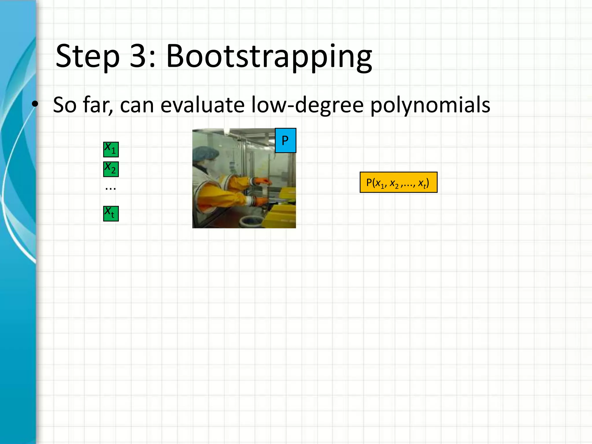 Step 3: Bootstrapping
• So far, can evaluate low-degree polynomials
       x1               P
       x2
       …                        P(x1, x2 ,…, xt)

       xt
 