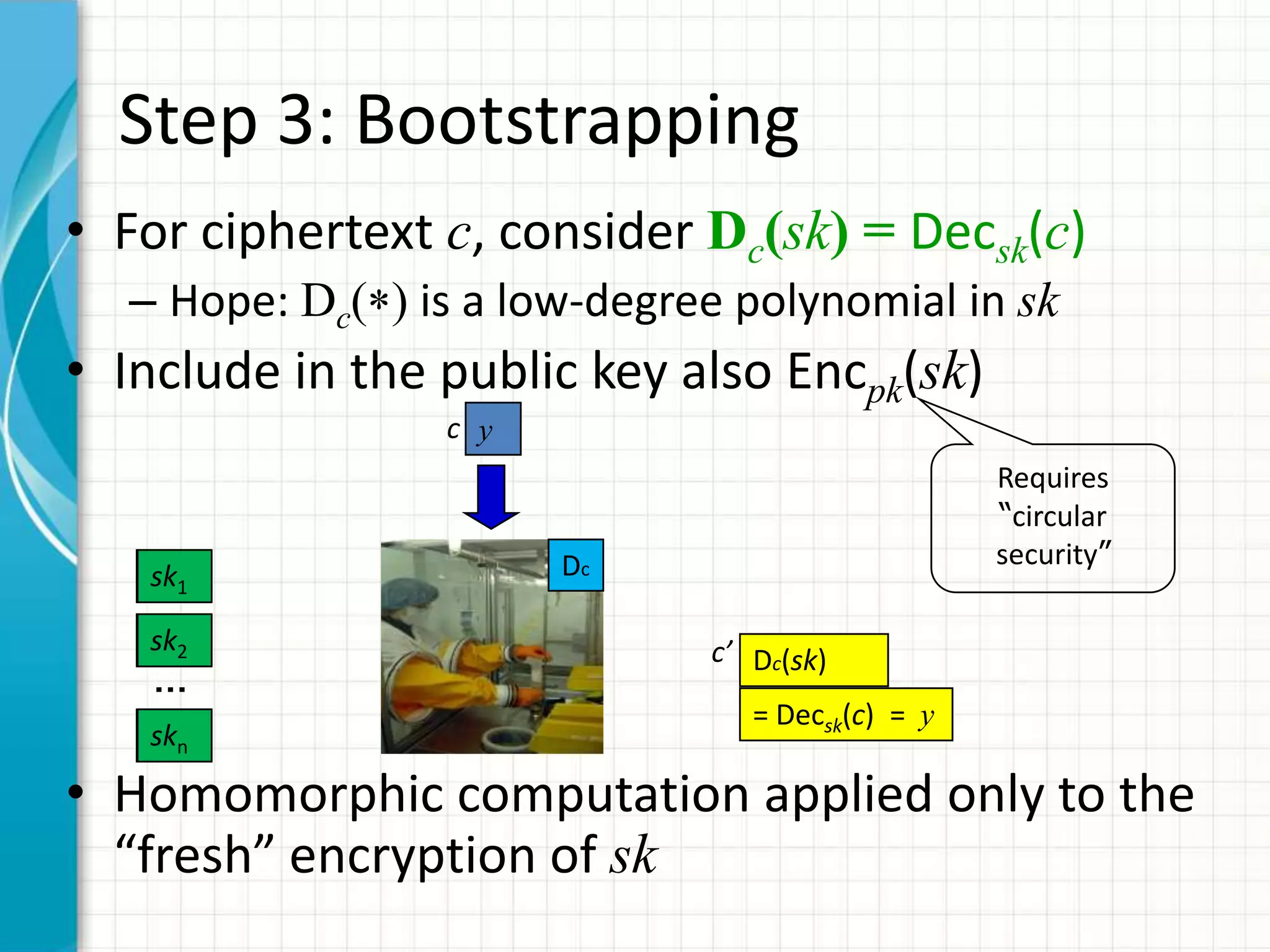 Step 3: Bootstrapping
• For ciphertext c, consider Dc(sk) = Decsk(c)
  – Hope: Dc( ) is a low-degree polynomial in sk
• Include in the public key also Encpk(sk)
                 c y
                                                  Requires
                                                  “circular
                       Dc                         security”
   sk1

   sk2                        c’ Dc(sk)
   …
                                 = Decsk(c) = y
   skn

• Homomorphic computation applied only to the
  “fresh” encryption of sk
 