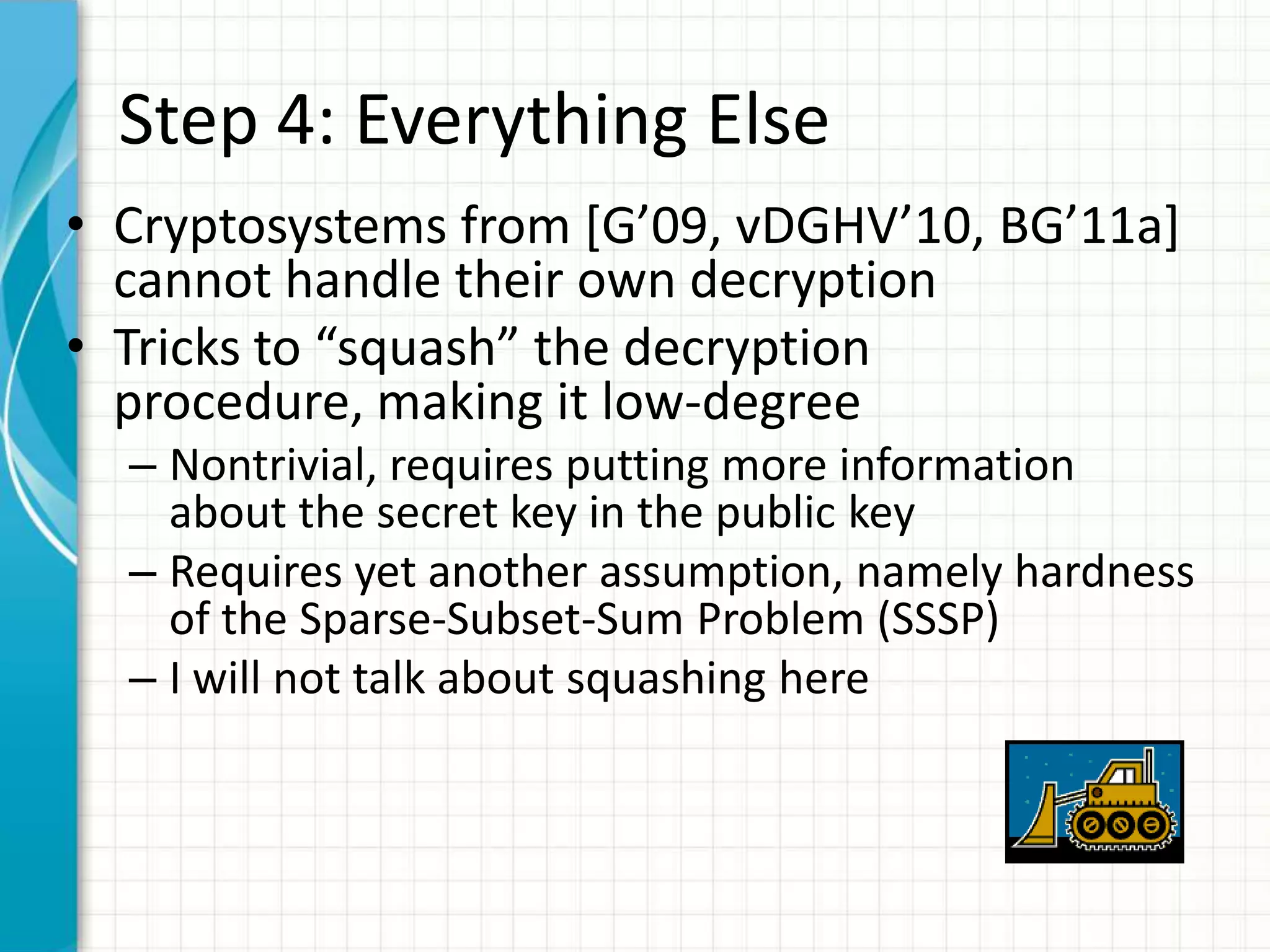 Step 4: Everything Else
• Cryptosystems from *G’09, vDGHV’10, BG’11a]
  cannot handle their own decryption
• Tricks to “squash” the decryption
  procedure, making it low-degree
  – Nontrivial, requires putting more information
    about the secret key in the public key
  – Requires yet another assumption, namely hardness
    of the Sparse-Subset-Sum Problem (SSSP)
  – I will not talk about squashing here
 