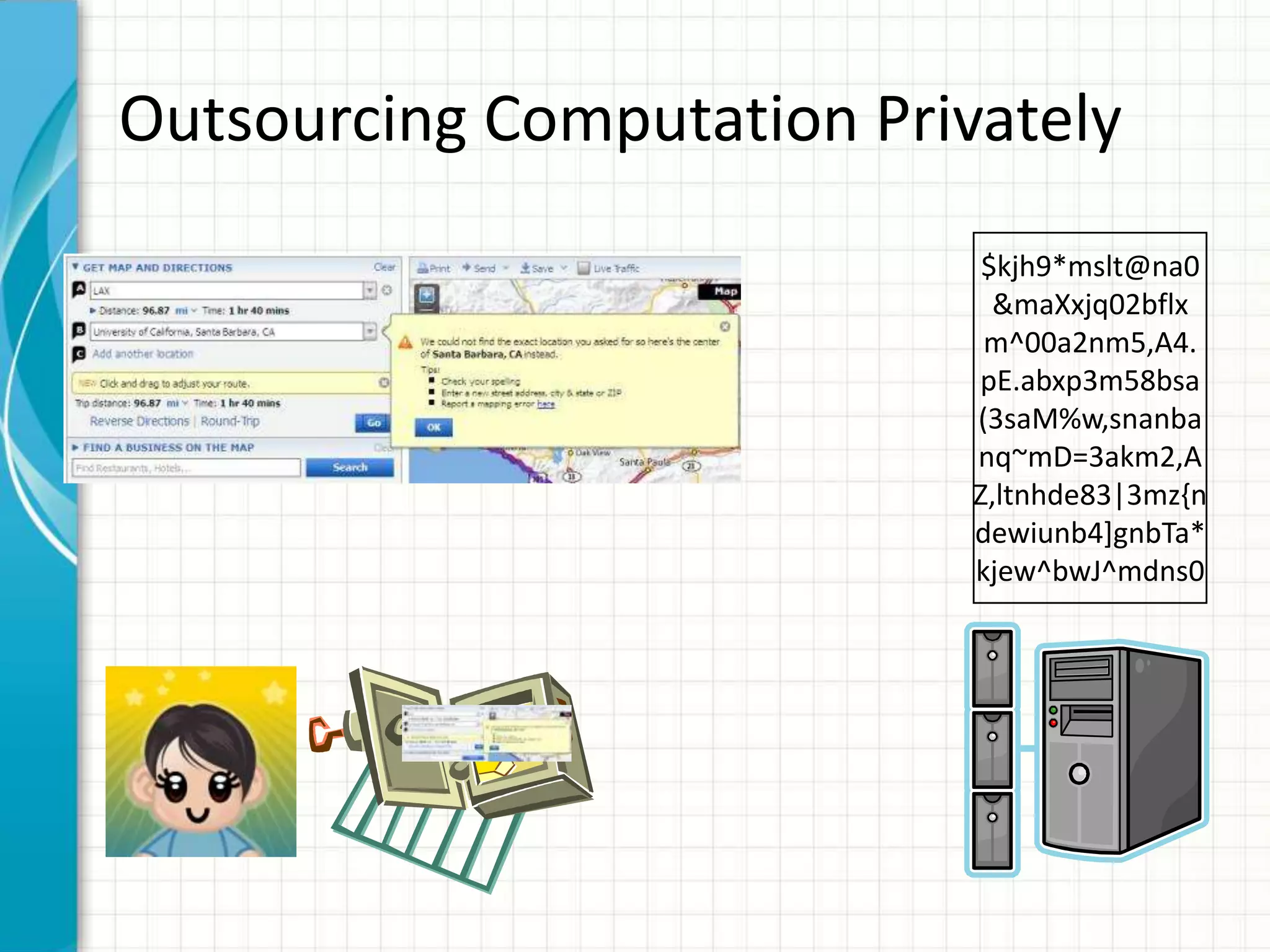 Outsourcing Computation Privately
                             $kjh9*mslt@na0
                              &maXxjq02bflx
                             m^00a2nm5,A4.
                            pE.abxp3m58bsa
                            (3saM%w,snanba
                            nq~mD=3akm2,A
                            Z,ltnhde83|3mz{n
                            dewiunb4]gnbTa*
                            kjew^bwJ^mdns0
 