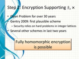 Step 2: Encryption Supporting ,
• Open Problem for over 30 years
• Gentry 2009: first plausible scheme
  – Security relies on hard problems in integer lattices
• Several other schemes in last two years


     Fully homomorphic encryption
              is possible
 