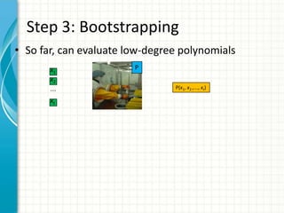 Step 3: Bootstrapping
• So far, can evaluate low-degree polynomials
       x1               P
       x2
       …                        P(x1, x2 ,…, xt)

       xt
 