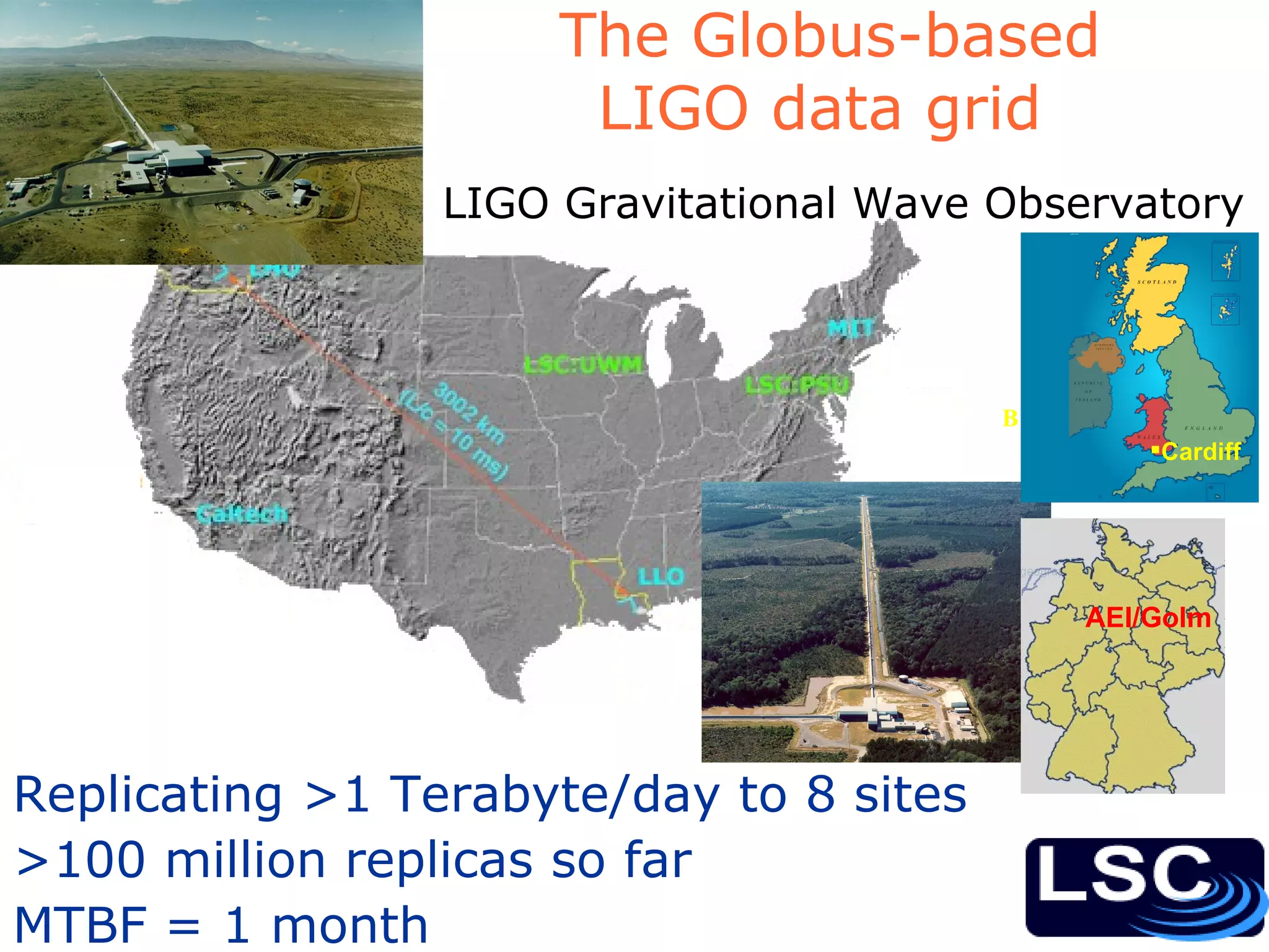 The Globus-based LIGO data grid  Birmingham • Replicating >1 Terabyte/day to 8 sites >100 million replicas so far MTBF = 1 month LIGO Gravitational Wave Observatory Cardiff AEI/Golm   