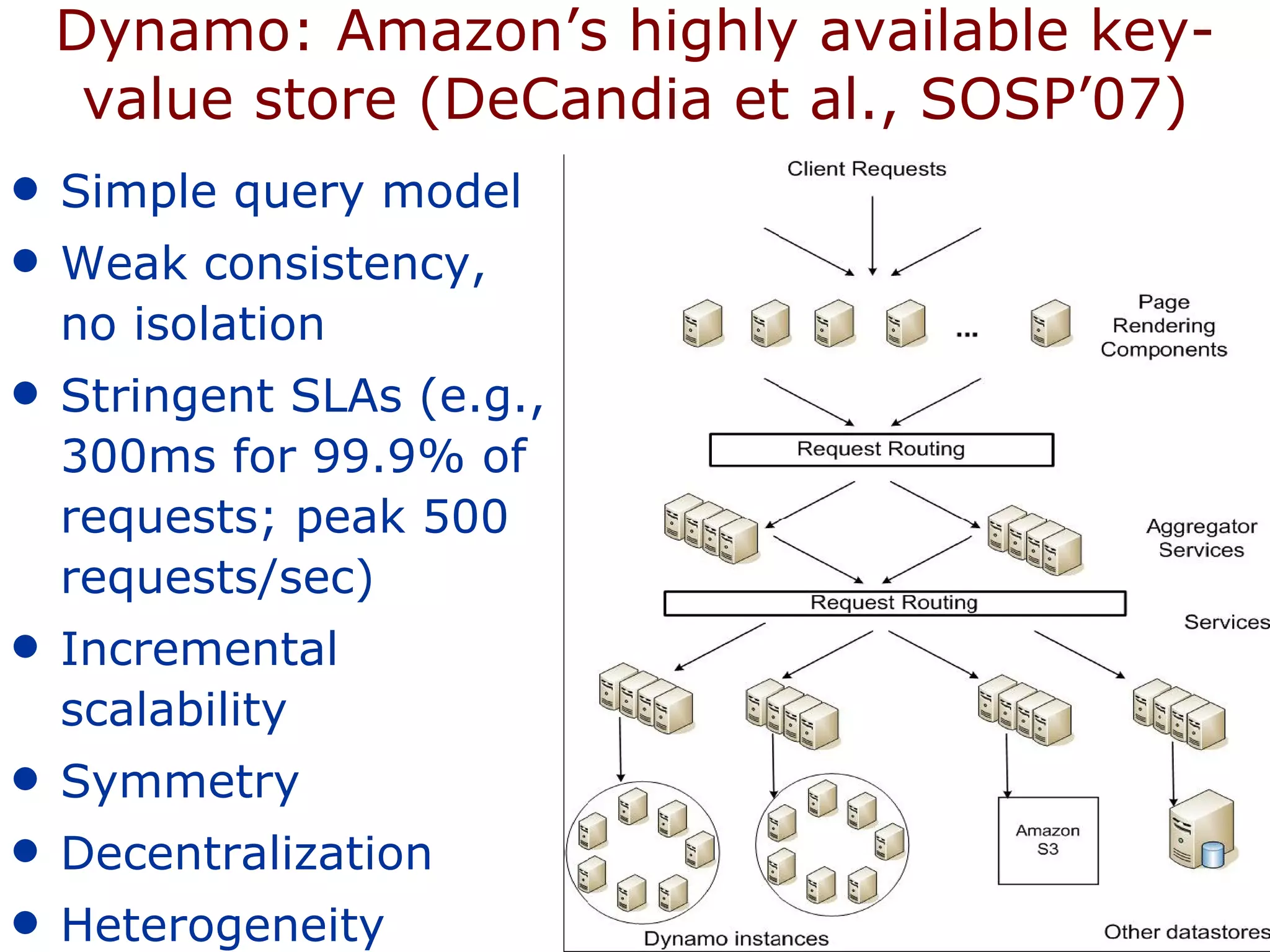 Dynamo: Amazon’s highly available key-value store (DeCandia et al., SOSP’07) Simple query model Weak consistency, no isolation Stringent SLAs (e.g., 300ms for 99.9% of requests; peak 500 requests/sec) Incremental scalability Symmetry Decentralization Heterogeneity 