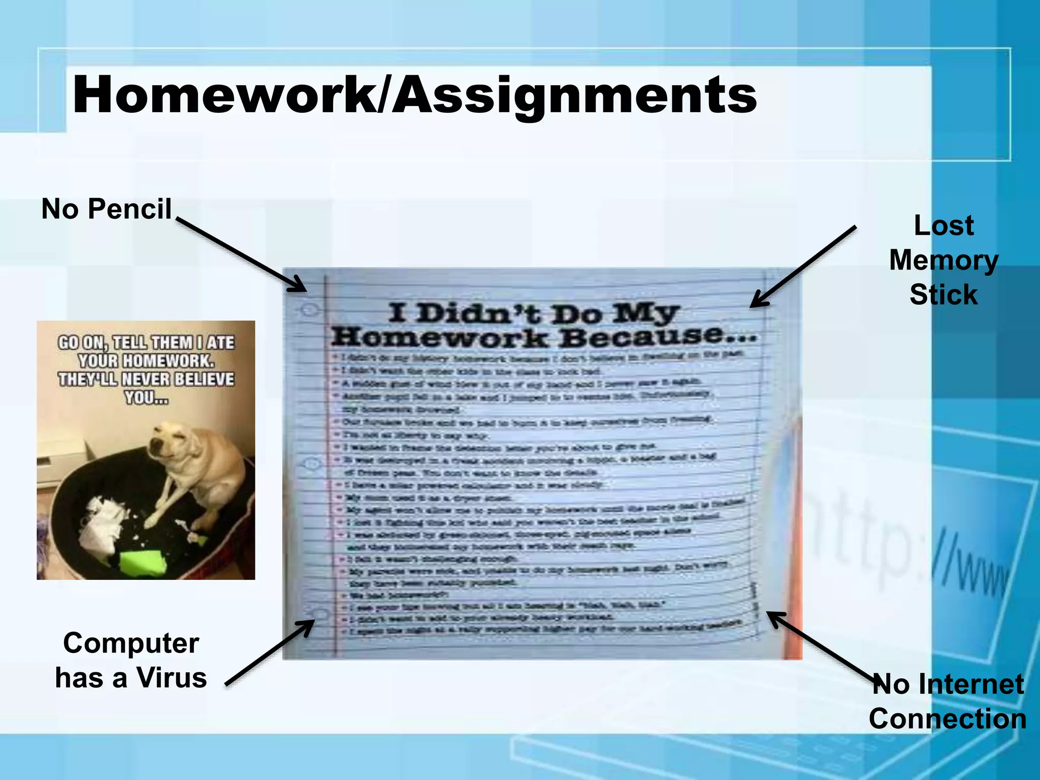 Homework/Assignments
No Pencil
Lost
Memory
Stick
Computer
has a Virus No Internet
Connection
 