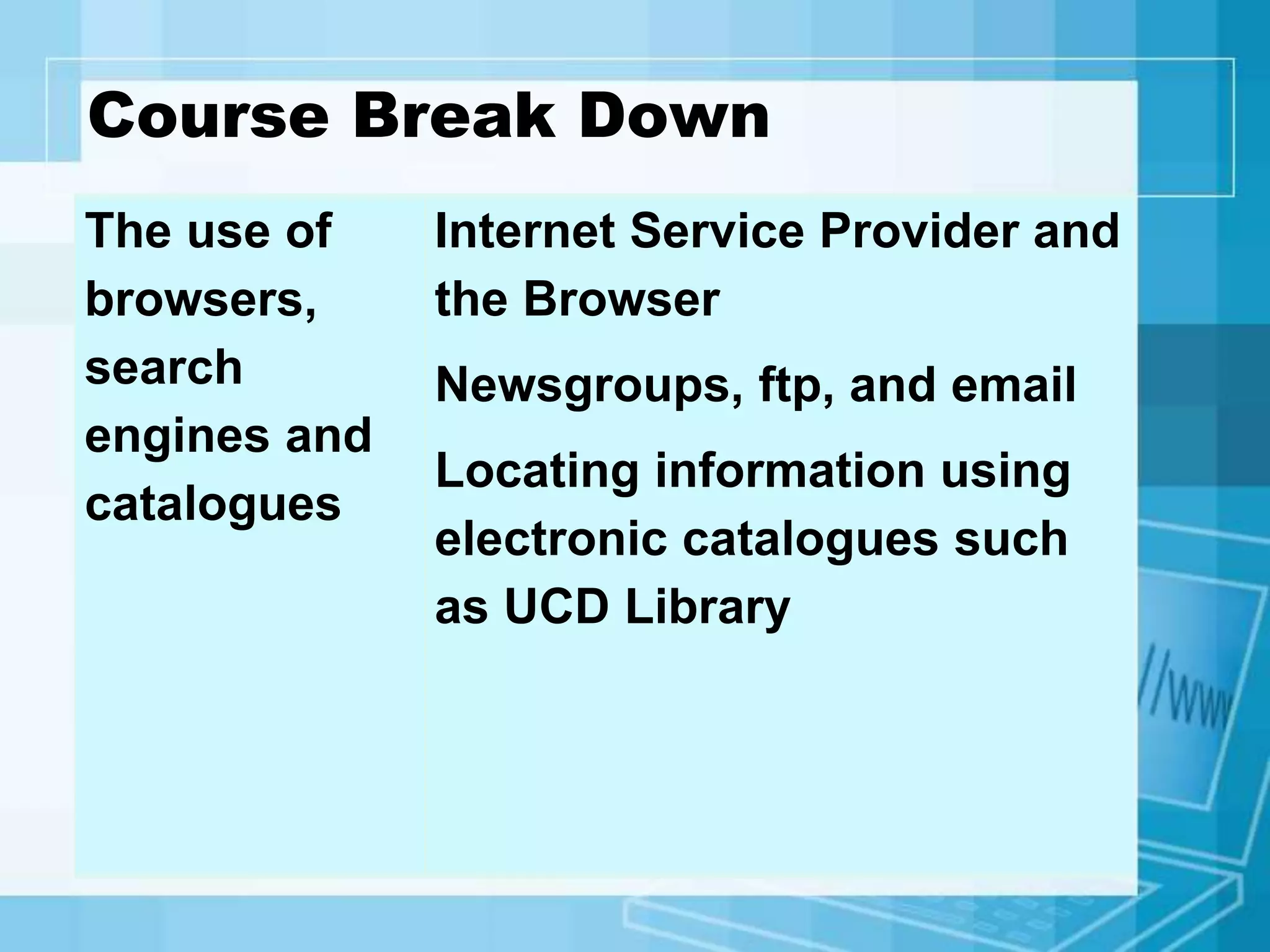 Course Break Down
The use of
browsers,
search
engines and
catalogues
Internet Service Provider and
the Browser
Newsgroups, ftp, and email
Locating information using
electronic catalogues such
as UCD Library
 