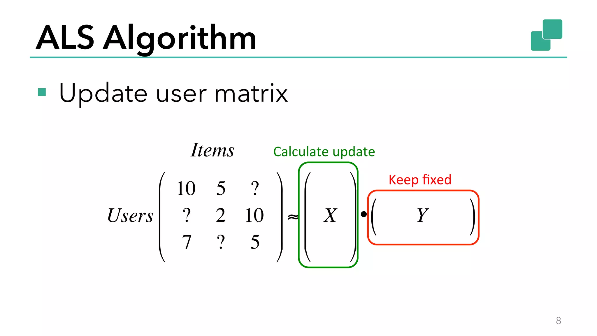 ALS Algorithm
§  Update user matrix
8
Items
Users
10 5 ?
? 2 10
7 ? 5
!
"
#
#
#
$
%
&
&
&
≈ X
!
"
#
#
#
$
%
&
&
&
• Y( )
Keep	
  ﬁxed	
  
Calculate	
  update	
  
 