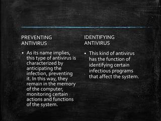 PREVENTING
ANTIVIRUS
 As its name implies,
this type of antivirus is
characterized by
anticipating the
infection, preventing
it. In this way, they
remain in the memory
of the computer,
monitoring certain
actions and functions
of the system.
IDENTIFYING
ANTIVIRUS
 This kind of antivirus
has the function of
identifying certain
infectious programs
that affect the system.
 