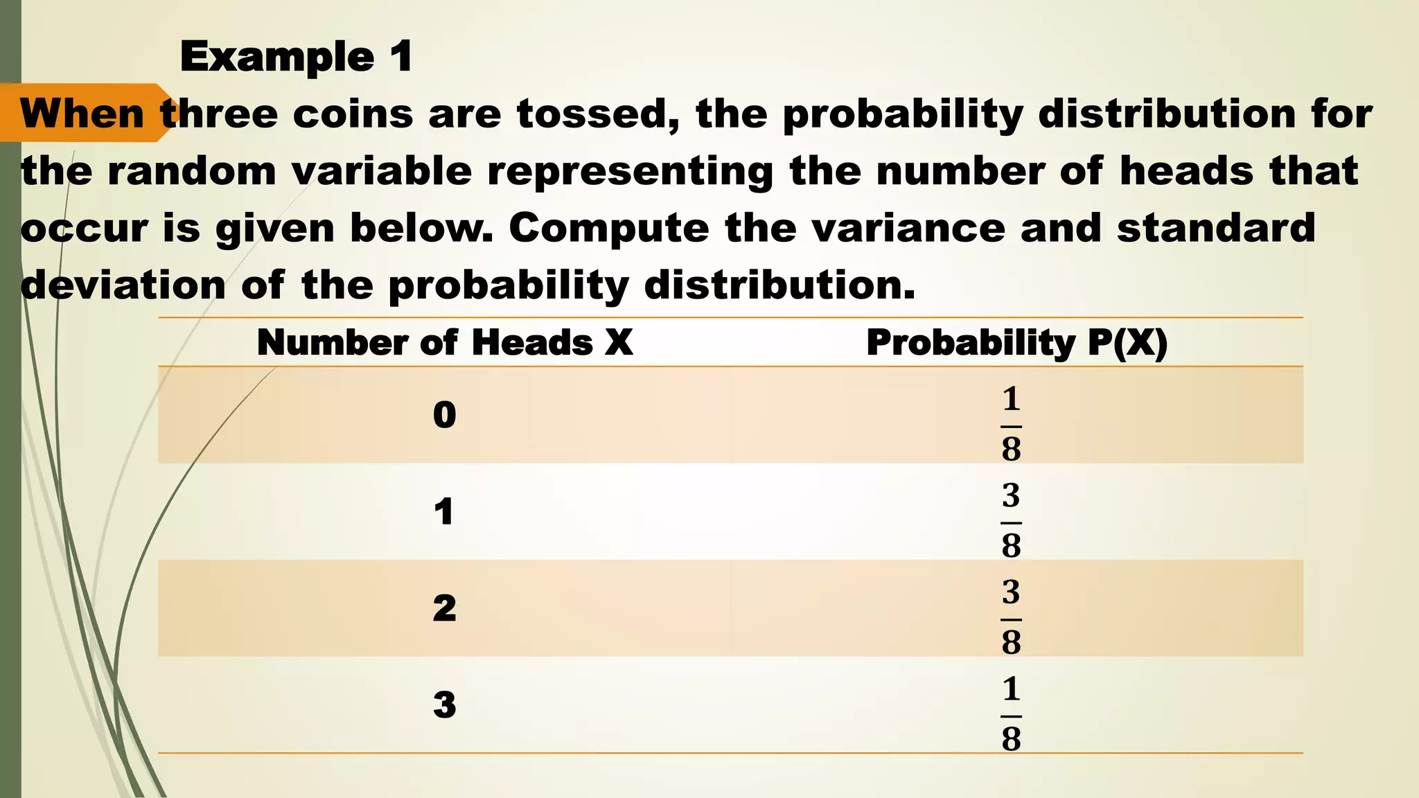 Example 1
When three coins are tossed, the probability distribution for
the random variable representing the number of heads that
occur is given below. Compute the variance and standard
deviation of the probability distribution.
Number of Heads X Probability P(X)
0 𝟏
𝟖
1 𝟑
𝟖
2 𝟑
𝟖
3 𝟏
𝟖
 