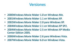 Versiones2000Windows Movie Maker 1.0 en Windows Me.2001Windows Movie Maker 1.1 en Windows XP.2002Windows Movie Maker 2.0 para Windows XP.2004Windows Movie Maker 2.1 en Windows XP SP2.2004Windows Movie Maker 2.5 en Windows XP Media Center Edition 2005.2006Windows Movie Maker 2.6 para Windows Vista.2007Windows Movie Maker 6.0 en Windows Vista.