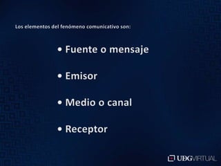 Los elementos del fenómeno comunicativo son:• Fuente o mensaje• Emisor• Medio o canal• Receptor