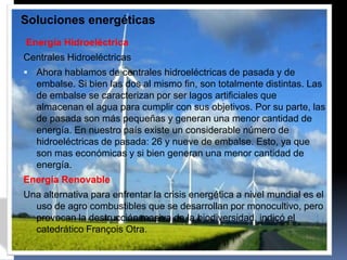 Soluciones energéticas
Energía Hidroeléctrica
Centrales Hidroeléctricas
 Ahora hablamos de centrales hidroeléctricas de pasada y de
   embalse. Si bien las dos al mismo fin, son totalmente distintas. Las
   de embalse se caracterizan por ser lagos artificiales que
   almacenan el agua para cumplir con sus objetivos. Por su parte, las
   de pasada son más pequeñas y generan una menor cantidad de
   energía. En nuestro país existe un considerable número de
   hidroeléctricas de pasada: 26 y nueve de embalse. Esto, ya que
   son mas económicas y si bien generan una menor cantidad de
   energía.
Energía Renovable
Una alternativa para enfrentar la crisis energética a nivel mundial es el
  uso de agro combustibles que se desarrollan por monocultivo, pero
  provocan la destrucción masiva de la biodiversidad, indicó el
  catedrático François Otra.
 