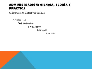 ADMINISTRACIÓN: CIENCIA, TEORÍA Y
PRÁCTICA
Funciones Administrativas Básicas
Planeación
Organización
Integración
Dirección
Control
 