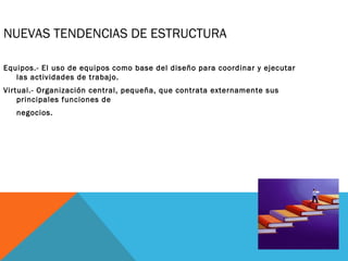 NUEVAS TENDENCIAS DE ESTRUCTURA
Equipos.- El uso de equipos como base del diseño para coordinar y ejecutar
las actividades de trabajo.
Virtual.- Organización central, pequeña, que contrata externamente sus
principales funciones de
negocios.
 
