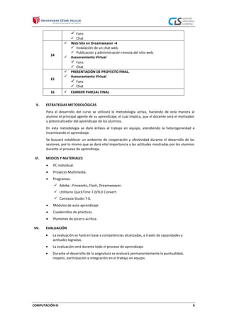  Foro

14

15
16
V.








 Chat
Web Site en Dreamweaver -4
 Instalación de un chat web.
 Publicación y administración remota del sitio web.
Asesoramiento Virtual
 Foro
 Chat
PRESENTACIÓN DE PROYECTO FINAL.
Asesoramiento Virtual
 Foro
 Chat
EXAMEN PARCIAL FINAL

ESTRATEGIAS METODOLÓGICAS
Para el desarrollo del curso se utilizará la metodología activa, haciendo de esta manera al
alumno el principal agente de su aprendizaje; el cual implica, que el docente será el motivador
y potencializador del aprendizaje de los alumnos.
En esta metodología se dará énfasis al trabajo en equipo, atendiendo la heterogeneidad e
incentivando el aprendizaje.
Se buscará establecer un ambiente de cooperación y afectividad durante el desarrollo de las
sesiones, por lo mismo que se dará vital importancia a las actitudes mostradas por los alumnos
durante el proceso de aprendizaje.

VI.

MEDIOS Y MATERIALES
PC individual.
Proyecto Multimedia.
Programas:
 Adobe : Fireworks, Flash, Dreamweaver.
 Utilitario QuickTime 7.0/FLV Convert.
 Camtasia Studio 7.0.
Módulos de auto aprendizaje.
Cuadernillos de prácticas.
Plumones de pizarra acrílica.

VII.

EVALUACIÓN
La evaluación se hará en base a competencias alcanzadas, a través de capacidades y
actitudes logradas.
La evaluación será durante todo el proceso de aprendizaje.
Durante el desarrollo de la asignatura se evaluará permanentemente la puntualidad,
respeto, participación e integración en el trabajo en equipo.

COMPUTACIÓN III

6

 