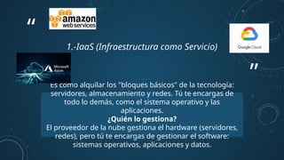 ”
“
1.-IaaS (Infraestructura como Servicio)
Es como alquilar los "bloques básicos" de la tecnología:
servidores, almacenamiento y redes. Tú te encargas de
todo lo demás, como el sistema operativo y las
aplicaciones.
¿Quién lo gestiona?
El proveedor de la nube gestiona el hardware (servidores,
redes), pero tú te encargas de gestionar el software:
sistemas operativos, aplicaciones y datos.
 