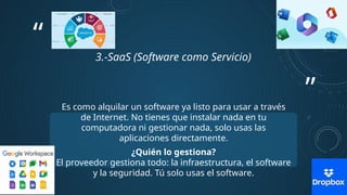 ”
“
3.-SaaS (Software como Servicio)
Es como alquilar un software ya listo para usar a través
de Internet. No tienes que instalar nada en tu
computadora ni gestionar nada, solo usas las
aplicaciones directamente.
¿Quién lo gestiona?
El proveedor gestiona todo: la infraestructura, el software
y la seguridad. Tú solo usas el software.
 