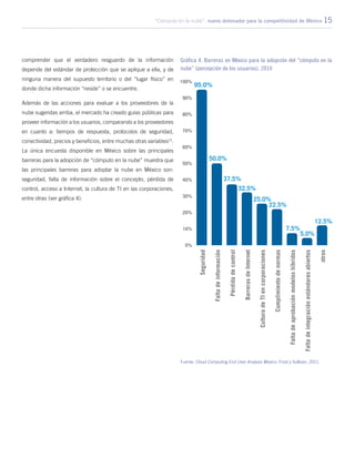 “Cómputo en la nube”: nuevo detonador para la competitividad de México 15
comprender que el verdadero resguardo de la información
depende del estándar de protección que se aplique a ella, y de
ninguna manera del supuesto territorio o del “lugar físico” en
donde dicha información “reside” o se encuentre.
Además de las acciones para evaluar a los proveedores de la
nube sugeridas arriba, el mercado ha creado guías públicas para
proveer información a los usuarios, comparando a los proveedores
en cuanto a: tiempos de respuesta, protocolos de seguridad,
conectividad, precios y beneficios, entre muchas otras variables13
.
La única encuesta disponible en México sobre las principales
barreras para la adopción de “cómputo en la nube” muestra que
las principales barreras para adoptar la nube en México son:
seguridad, falta de información sobre el concepto, pérdida de
control, acceso a Internet, la cultura de TI en las corporaciones,
entre otras (ver gráfica 4).
Gráfica 4. Barreras en México para la adopción del “cómputo en la
nube” (percepción de los usuarios), 2010
Fuente: Cloud Computing End User Analysis Mexico, Frost y Sullivan, 2011.
 