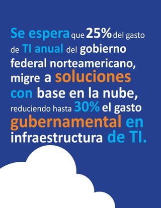 Se esperaque25%del gasto
de TI anual del gobierno
federal norteamericano,
migre a soluciones
con base en la nube,
reduciendo hasta 30%el gasto
gubernamental en
infraestructura de TI.
 