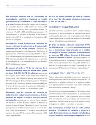 34 “Cómputo en la nube”: nuevo detonador para la competitividad de México
Los resultados muestran que las instituciones de
intermediación crediticia y financiera no bursátil
podrían ahorrar 1.8% del PIB de su sector si transitaran
a la nube. Entre las empresas que mayores ahorros presentan
se encuentran Banamex (1,258 millones de pesos), BBVA
(1,184 millones de pesos) y HSBC (407 millones de pesos) con
ahorros de 44%, 39% y 32% del total de su presupuesto en TI,
respectivamente. En promedio, las empresas de este subsector
pueden ahorrar 38% de su presupuesto en TI que equivale a 1%
del total de sus ingresos.
La migración a la nube de empresas de comercio al por
menor en tiendas de autoservicio y departamentales
ahorraría 0.57% del PIB del subsector. Las empresas que
mayores ahorros muestran son Bodega Aurrera (304 millones de
pesos), Soriana (191 millones de pesos) y WalMart de México
(190 millones de pesos). Dichos ahorros representan el 33, 30 y
35% del presupuesto total en TI, respectivamente. En promedio,
el ahorro en gasto de TI del subsector es de 31%, que equivale a
0.24% del total de sus ingresos.
De acuerdo al gasto en TI de las empresas de la
industria alimentaria, transitar a la nube podría generar
un ahorro de 0.42% del PIB del subsector. Las empresas
con mayores ahorros serían Grupo Bimbo (426 millones de
pesos), Sigma (127 millones de pesos) y Grupo Industrial Lala
(92 millones de pesos). El ahorro del presupuesto en TI de dichas
empresas es 46% para las dos primeras empresas y de 44% para
la tercera. El ahorro promedio de las empresas del subsector es
de 36% del gasto en TI y de 0.25% de los ingresos totales.
Finalmente, para las empresas del subsector de
radio, televisión y otras telecomunicaciones, el ahorro
estimado por migrar a la nube es de 0.27% del PIB
del subsector. Las empresas con mayores ahorros estimados
son Telcel (544 millones de pesos), Teléfonos de México (145
millones de pesos) y Televisa (74 millones de pesos). Los ahorros
como porcentaje del total del presupuesto en TI son de 35%,
22% y 29%, respectivamente. En promedio, las empresas del
subsector ahorrarían 30% de su gasto en TI, que equivale a 0.2%
de sus ingresos totales.
En total, los ahorros estimados por migrar al “cómputo
en la nube” de estos cuatro subsectores representan
0.08% del PIB total.59
Ahorro en universidades
Utilizando los mismos supuestos de ahorros para las empresas,
se estimaron los ahorros potenciales de migrar a la nube para el
sector educativo. La muestra está compuesta principalmente por
universidades públicas y privadas que representan el 80% de los
ingresos del sector de servicios educativos.
En total, los ahorros estimados representan 0.09%
del PIB del sector. En la muestra, las universidades que
más se benefician de migrar a la nube son el Instituto
Tecnológico de Estudios Superiores de Monterrey con
un ahorro de 127 millones de pesos, la Universidad
Nacional Autónoma de México (73 millones de pesos) y la
Universidad Autónoma de Chihuahua (21 millones de pesos).
Dichos montos representan el 34%, 33% y 35% del total de su
gasto en TI, respectivamente. Lo anterior representa 34% del
presupuesto en TI del sector y 0.61% de sus ingresos totales.60
Ahorros en el sector público
Para los gobiernos también utilizamos los mismos supuestos de
ahorros y analizamos la estructura del presupuesto de TI 2011 de
las instituciones del gobierno federal, de los gobiernos estatales
y de algunos gobiernos municipales para estimar potenciales
ahorros monetarios por transitar a la nube.
Con la información del gasto desagregado en TI (software, soporte
y mantenimiento y hardware de servidores) de las instituciones
de gobierno de México61
y los supuestos de ahorros utilizados
tanto para empresas como universidades, calculamos el ahorro
potencial por migrar a la nube de cada una de las instituciones y
de los gobiernos estatales y municipales en la muestra.
Las estimaciones muestran que el sector público
ahorraría 1.7% del PIB del subsector si migrara a la
nube. Entre las instituciones del gobierno federal que
mayores beneficios monetarios podrían generarcon dicha
 