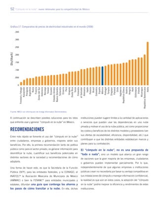 52 “Cómputo en la nube”: nuevo detonador para la competitividad de México
A continuación se describen posibles soluciones para los retos
que enfrenta usar y generar “cómputo en la nube” en México.
Recomendaciones
Entre más rápido se fomente el uso del “cómputo en la nube”
entre ciudadanos, empresas y gobiernos, mayores serán sus
beneficios. Por ello, la primera recomendación tanto de política
pública como para el sector privado, es generar información para
desmitificar la nube, cuantificar sus beneficios potenciales en
distintos sectores de la sociedad y recomendaciones de cómo
adoptarla.
Una forma de hacer esto, es que la Secretaría de la Función
Pública (SFP), para las entidades federales, y la CONAGO, el
INAFED,94
la Asociación Mexicana de Municipios de México
(AMMAC) o bien la FENAM,95
para entidades municipales y
estatales, difundan una guía que contenga los ahorros y
los pasos de cómo transitar a la nube. En ella, dichas
instituciones pueden sugerir límites a la cantidad de aplicaciones
o servicios que pueden usar las dependencias en una nube
privada y motivar el uso de la nube pública, así como proporcionar
los costos y beneficios de los distintos modelos y proveedores (ver
sus ofertas de escalabilidad, eficiencia, disponibilidad, etc.) que
contribuyan a que las distintas entidades establezcan marcos y
planes para su contratación.
El “cómputo en la nube”, no es una propuesta de
“todo o nada”, sino un modelo que abarca un gran rango
de opciones que la gran mayoría de las empresas, ciudadanos
o gobiernos pueden implementar parcialmente. Por lo que,
independientemente de que algunas empresas o instituciones
públicas crean no necesitarla por basar su ventaja competitiva en
sus instalaciones de cómputo o manejar información confidencial,
la realidad es que aún en estos casos, la adopción del “cómputo
en la nube” podría mejorar la eficiencia y rendimientos de estas
instituciones.
Gráfica 17. Comparativo de precios de electricidad industriales en el mundo (2008)
Fuente: IMCO con información de Energy Information Administration.
 