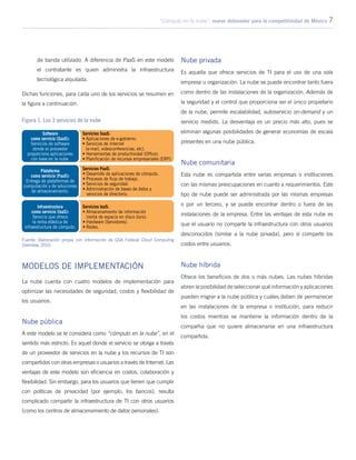 “Cómputo en la nube”: nuevo detonador para la competitividad de México 7
de banda utilizado. A diferencia de PaaS en este modelo
el contratante es quien administra la infraestructura
tecnológica alquilada.
Dichas funciones, para cada uno de los servicios se resumen en
la figura a continuación.
Modelos de implementación
La nube cuenta con cuatro modelos de implementación para
optimizar las necesidades de seguridad, costos y flexibilidad de
los usuarios.
Nube pública
A este modelo se le considera como “cómputo en la nube”, en el
sentido más estricto. Es aquel donde el servicio se otorga a través
de un proveedor de servicios en la nube y los recursos de TI son
compartidos con otras empresas o usuarios a través de Internet. Las
ventajas de este modelo son eficiencia en costos, colaboración y
flexibilidad. Sin embargo, para los usuarios que tienen que cumplir
con políticas de privacidad (por ejemplo, los bancos), resulta
complicado compartir la infraestructura de TI con otros usuarios
(como los centros de almacenamiento de datos personales).
Nube privada
Es aquella que ofrece servicios de TI para el uso de una sola
empresa u organización. La nube se puede encontrar tanto fuera
como dentro de las instalaciones de la organización. Además de
la seguridad y el control que proporciona ser el único propietario
de la nube, permite escalabilidad, autoservicio on-demand y un
servicio medido. La desventaja es un precio más alto, pues se
eliminan algunas posibilidades de generar economías de escala
presentes en una nube pública.
Nube comunitaria
Esta nube es compartida entre varias empresas o instituciones
con las mismas preocupaciones en cuanto a requerimientos. Este
tipo de nube puede ser administrada por las mismas empresas
o por un tercero, y se puede encontrar dentro o fuera de las
instalaciones de la empresa. Entre las ventajas de esta nube es
que el usuario no comparte la infraestructura con otros usuarios
desconocidos (similar a la nube privada), pero sí comparte los
costos entre usuarios.
Nube híbrida
Ofrece los beneficios de dos o más nubes. Las nubes híbridas
abren la posibilidad de seleccionar qué información y aplicaciones
pueden migrar a la nube pública y cuáles deben de permanecer
en las instalaciones de la empresa o institución, para reducir
los costos mientras se mantiene la información dentro de la
compañia que no quiere almacenarse en una infraestructura
compartida.
Figura 1. Los 3 servicios de la nube
Fuente: Elaboración propia con información de GSA Federal Cloud Computing
Overview, 2010.
 