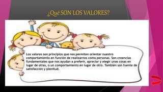 ¿Qué SON LOS VALORES?
Los valores son principios que nos permiten orientar nuestro
comportamiento en función de realizarnos como personas. Son creencias
fundamentales que nos ayudan a preferir, apreciar y elegir unas cosas en
lugar de otras, o un comportamiento en lugar de otro. También son fuente de
satisfacción y plenitud.
 