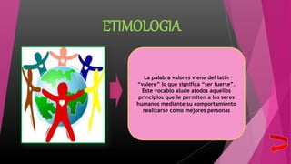 ETIMOLOGIA
La palabra valores viene del latín
“valere” lo que significa “ser fuerte”.
Este vocablo alude atodos aquellos
principios que le permiten a los seres
humanos mediante su comportamiento
realizarse como mejores personas
 