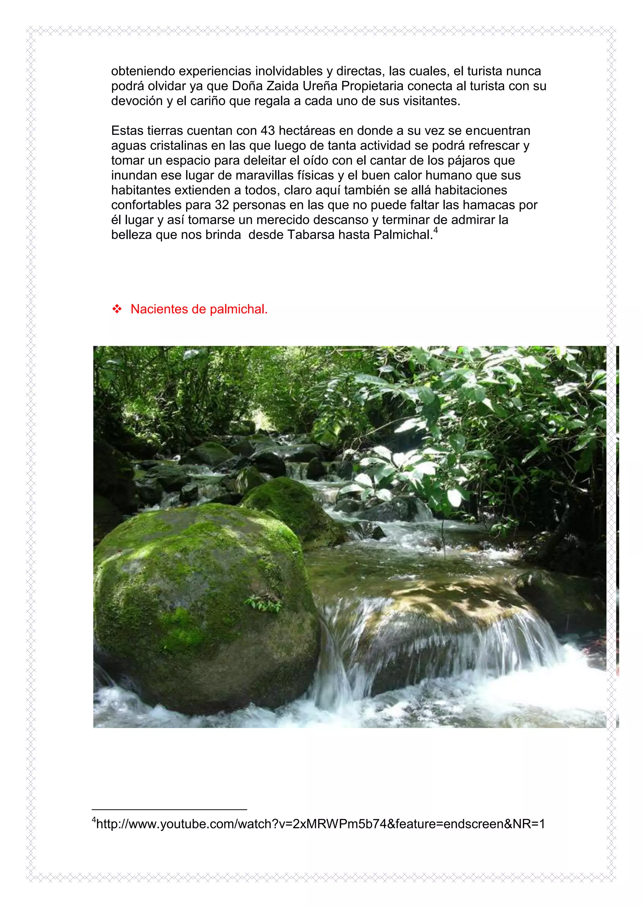 obteniendo experiencias inolvidables y directas, las cuales, el turista nunca
      podrá olvidar ya que Doña Zaida Ureña Propietaria conecta al turista con su
      devoción y el cariño que regala a cada uno de sus visitantes.

      Estas tierras cuentan con 43 hectáreas en donde a su vez se encuentran
      aguas cristalinas en las que luego de tanta actividad se podrá refrescar y
      tomar un espacio para deleitar el oído con el cantar de los pájaros que
      inundan ese lugar de maravillas físicas y el buen calor humano que sus
      habitantes extienden a todos, claro aquí también se allá habitaciones
      confortables para 32 personas en las que no puede faltar las hamacas por
      él lugar y así tomarse un merecido descanso y terminar de admirar la
      belleza que nos brinda desde Tabarsa hasta Palmichal.4




       Nacientes de palmichal.




4
    http://www.youtube.com/watch?v=2xMRWPm5b74&feature=endscreen&NR=1
 