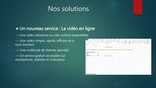 Nos solutions 
 Un nouveau service : La vidéo en ligne 
-> Une vidéo attractive sur des notions essentielles 
-> Une vidéo simple, rapide, efficace et à 
tout moment 
-> Une multitude de thèmes abordés 
-> Un service gratuit accessible sur 
smartphone, tablette et ordinateur 
 