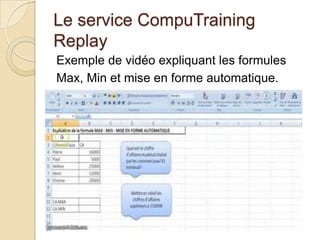 Le service CompuTraining
Replay
Exemple de vidéo expliquant les formules
Max, Min et mise en forme automatique.
 