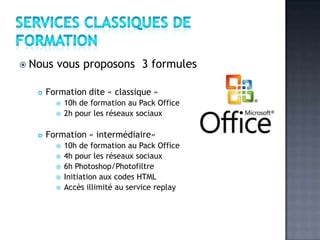  Nous   vous proposons 3 formules

      Formation dite « classique »
            10h de formation au Pack Office
            2h pour les réseaux sociaux

      Formation « intermédiaire»
            10h de formation au Pack Office
            4h pour les réseaux sociaux
            6h Photoshop/Photofiltre
            Initiation aux codes HTML
            Accès illimité au service replay
 