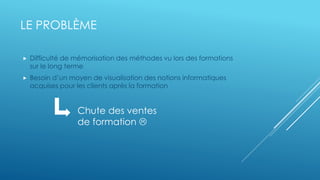 LE PROBLÈME
Difficulté de mémorisation des méthodes vu lors des formations
sur le long terme
Besoin d’un moyen de visualisation des notions informatiques
acquises pour les clients après la formation
Chute des ventes
de formation 